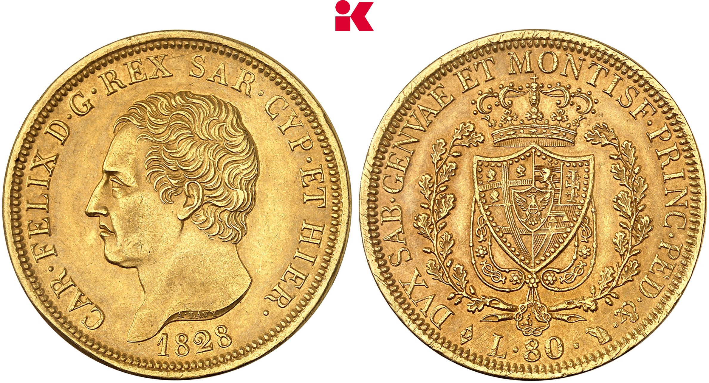 ITALIEN SARDINIEN Karl Felix, 1821-1831. 80 Lire 1828, Turin.
