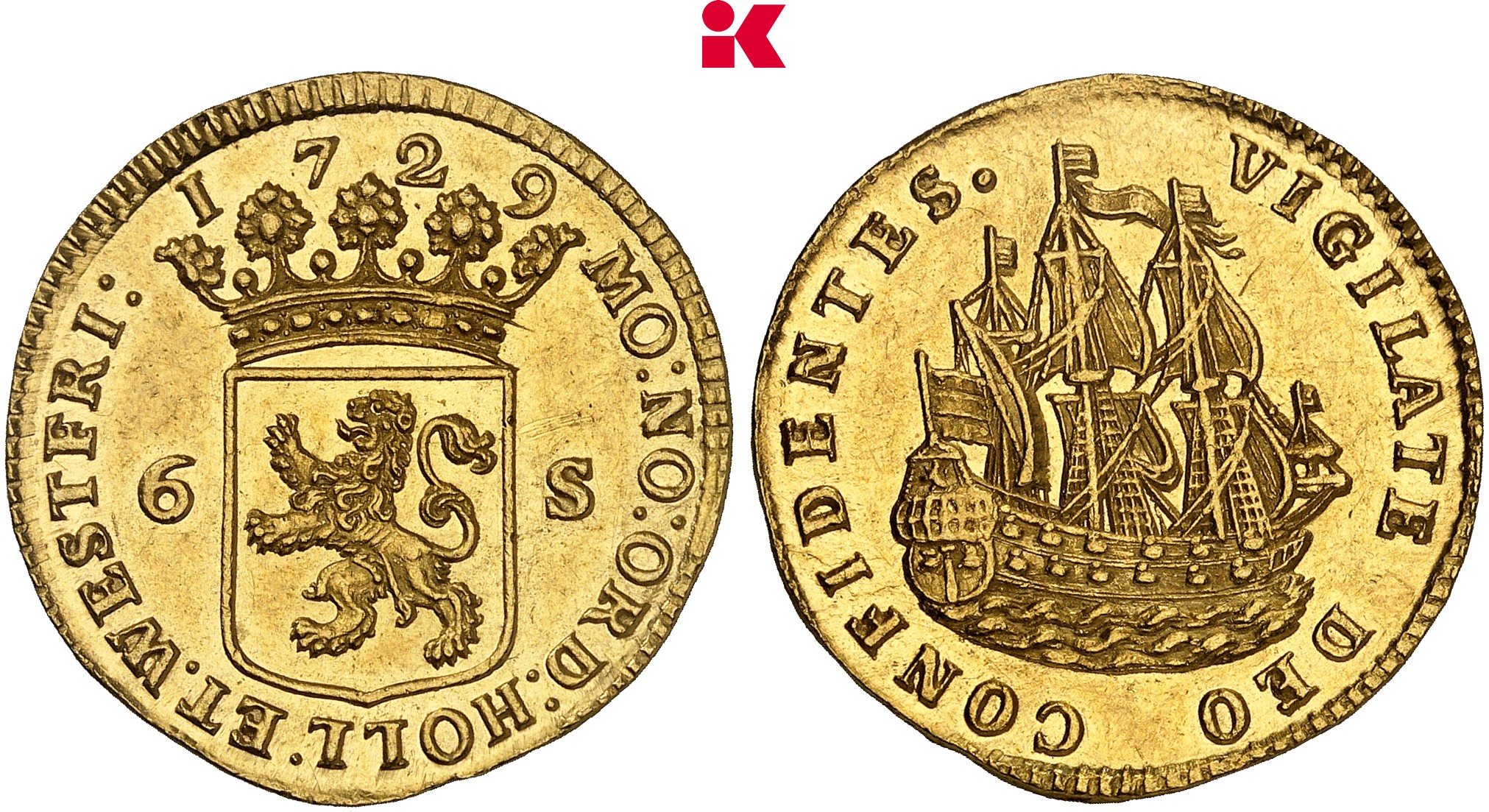 NIEDERLANDE HOLLAND Provinz. Goldabschlag zu 2 Dukaten von den Stempeln des 6 Stüber (Scheepjesschilling) 1729.