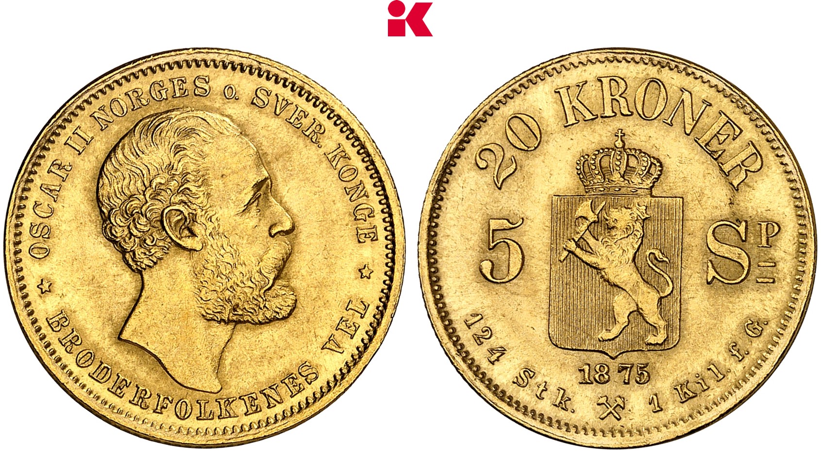 NORWEGEN KÖNIGREICH Oskar II., 1872-1905. 20 Kronen (5 Speciedaler) 1875,  Kongsberg.