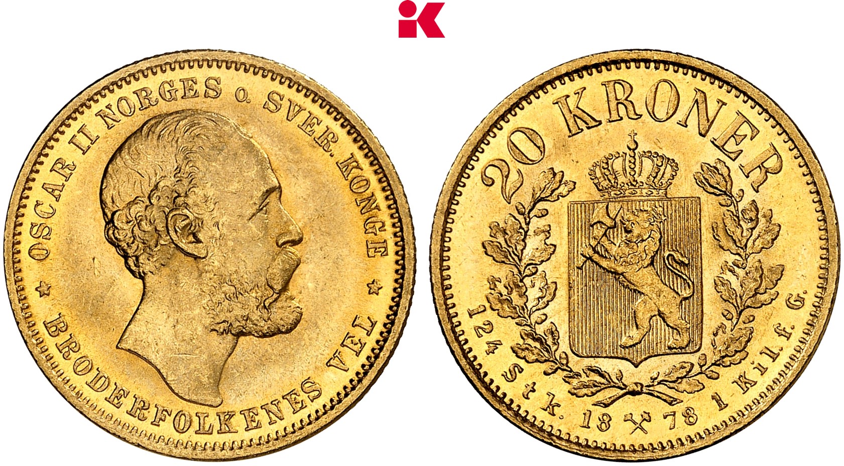 NORWEGEN KÖNIGREICH Oskar II., 1872-1905. 20 Kronen 1878, Kongsberg.