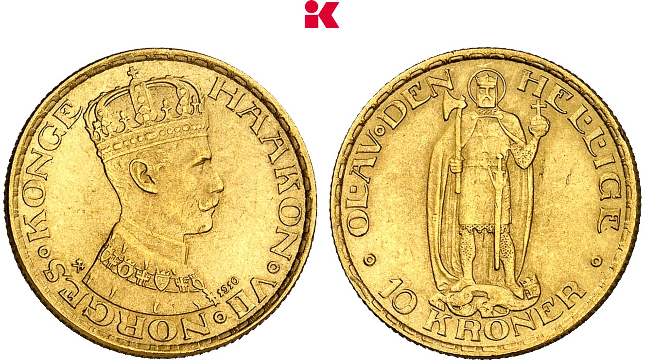 NORWEGEN KÖNIGREICH Haakon VII., 1905-1958. 10 Kronen 1910, Kongsberg.