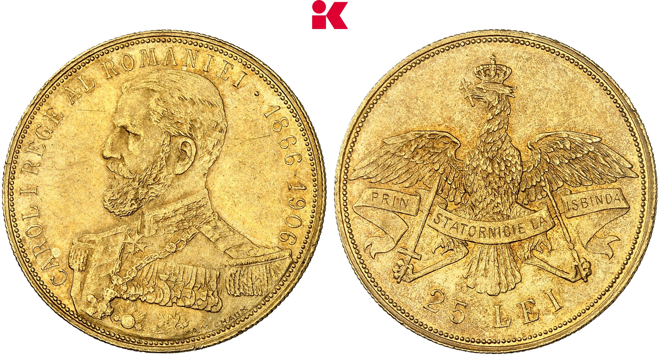 RUMÄNIEN KÖNIGREICH Karl I., 1866-1914. 25 Lei 1906, Brüssel,