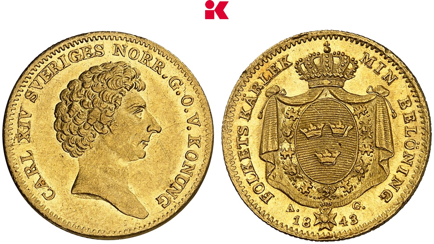 SCHWEDEN KÖNIGREICH Karl XIV. Johann, 1818-1844. Dukat 1843, Stockholm.