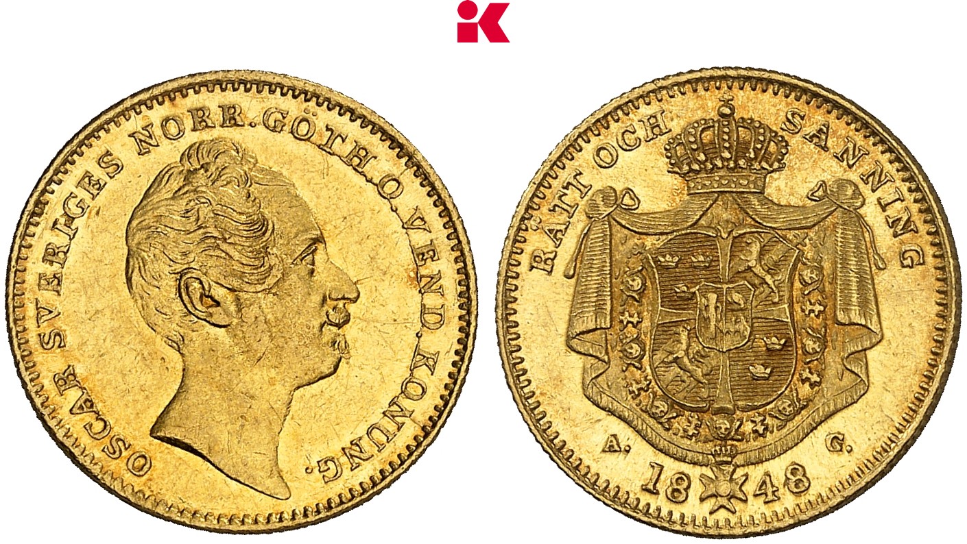 SCHWEDEN KÖNIGREICH Oskar I., 1844-1859. Dukat 1848 (Jahreszahl im Stempel aus 1844 geändert), Stockholm.