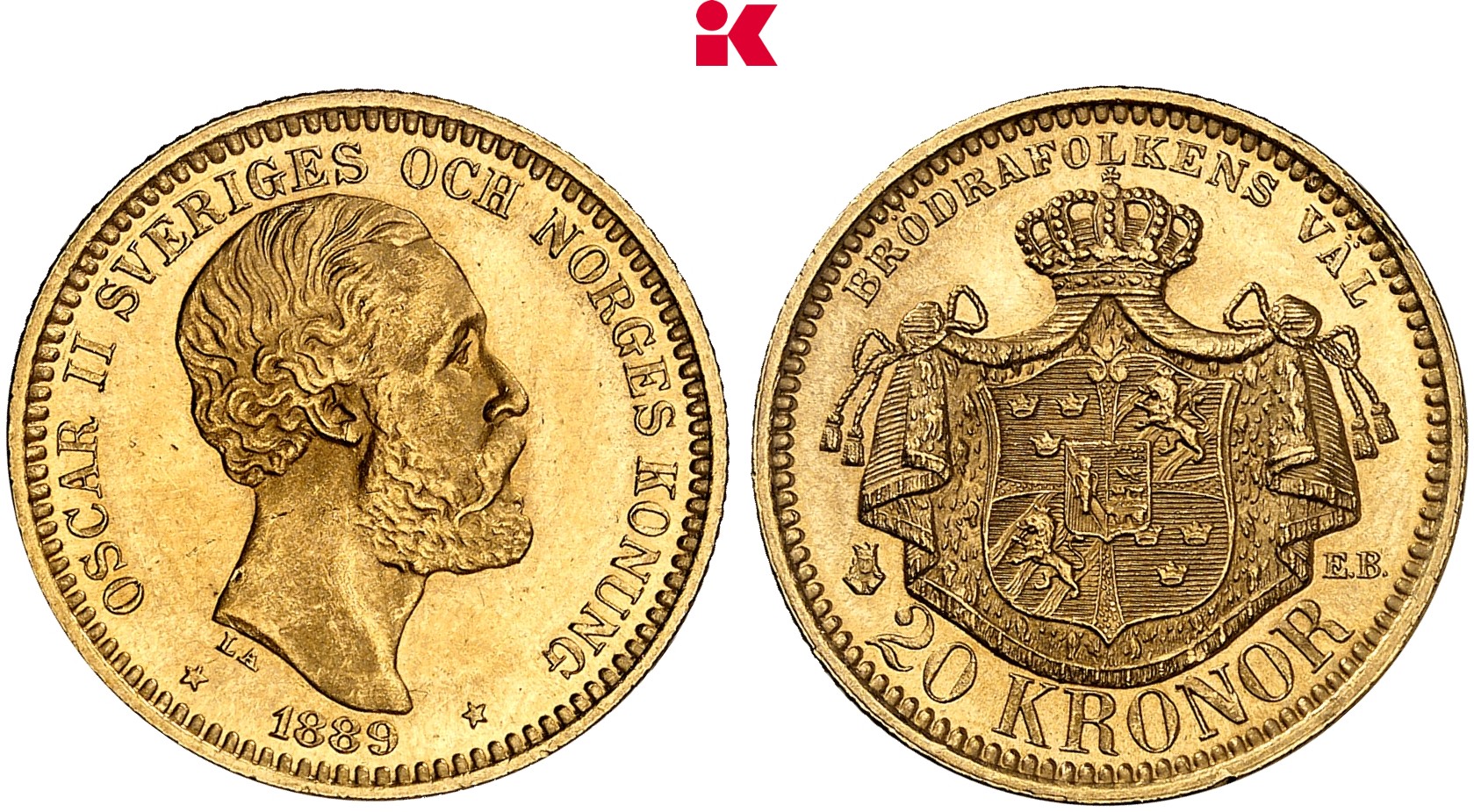 SCHWEDEN KÖNIGREICH Oskar II., 1872-1907. 20 Kronen 1889, Stockholm.