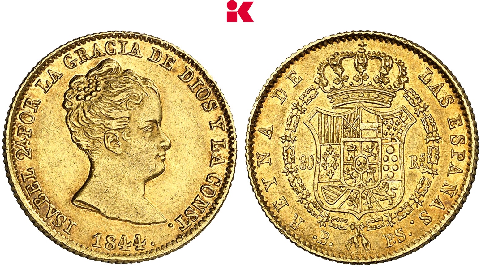 SPANIEN KÖNIGREICH Isabella II., 1833-1868. 80 Reales 1844 B-PS, Barcelona.