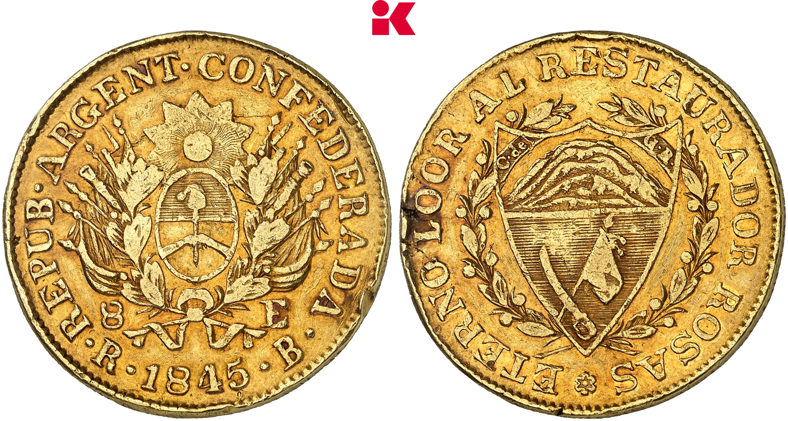 ARGENTINIEN Republik. 8 Escudos 1845 RB, Rioja.