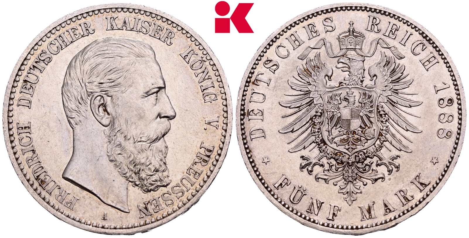 REICHSSILBERMÜNZEN PREUSSEN Friedrich III., 1888. 5 Mark 1888 A.