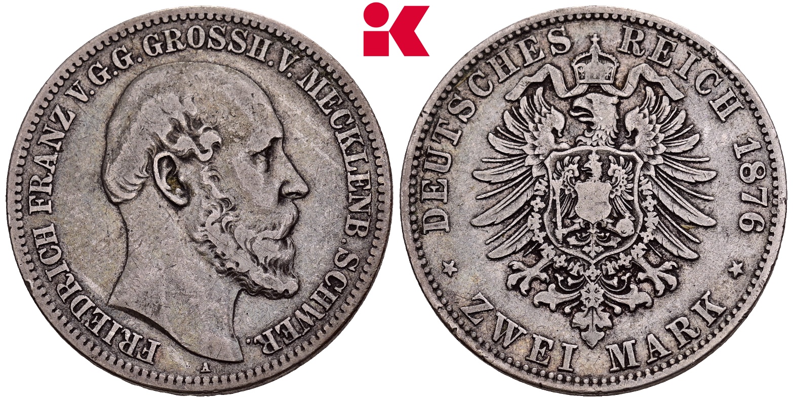 REICHSSILBERMÜNZEN MECKLENBURG-SCHWERIN Friedrich Franz II., 1842-1883. 2 Mark 1876.