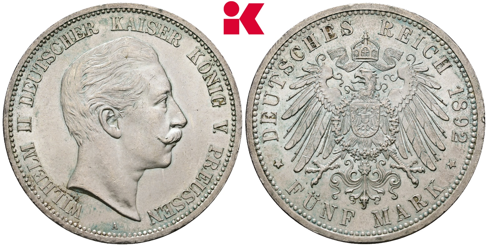 REICHSSILBERMÜNZEN PREUSSEN Wilhelm II., 1888-1918. 5 Mark 1892 A.