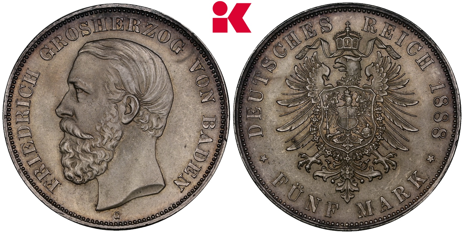 REICHSSILBERMÜNZEN BADEN Friedrich I., 1852-1907. 5 Mark 1888,