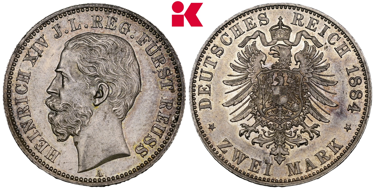 REICHSSILBERMÜNZEN REUSS JÜNGERER LINIE Heinrich XIV., 1867-1913. 2 Mark 1884.