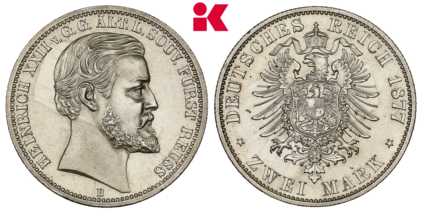 REICHSSILBERMÜNZEN REUSS ÄLTERER LINIE Heinrich XXII., 1859-1902. 2 Mark 1877.
