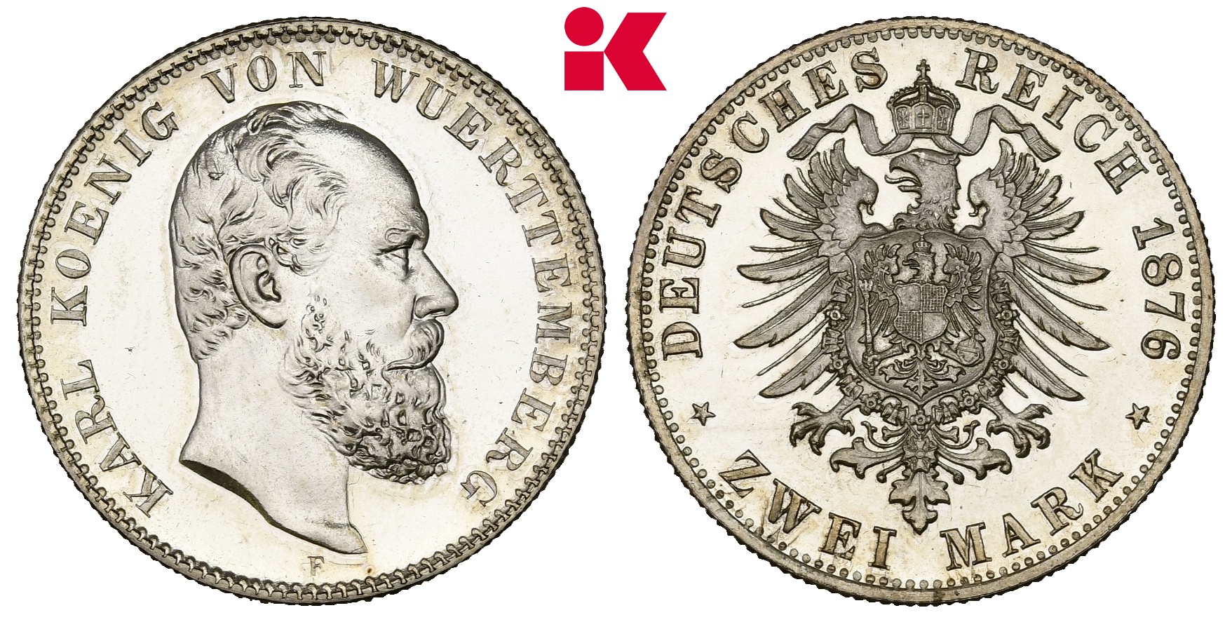REICHSSILBERMÜNZEN WÜRTTEMBERG Karl, 1864-1891. 2 Mark 1876. 