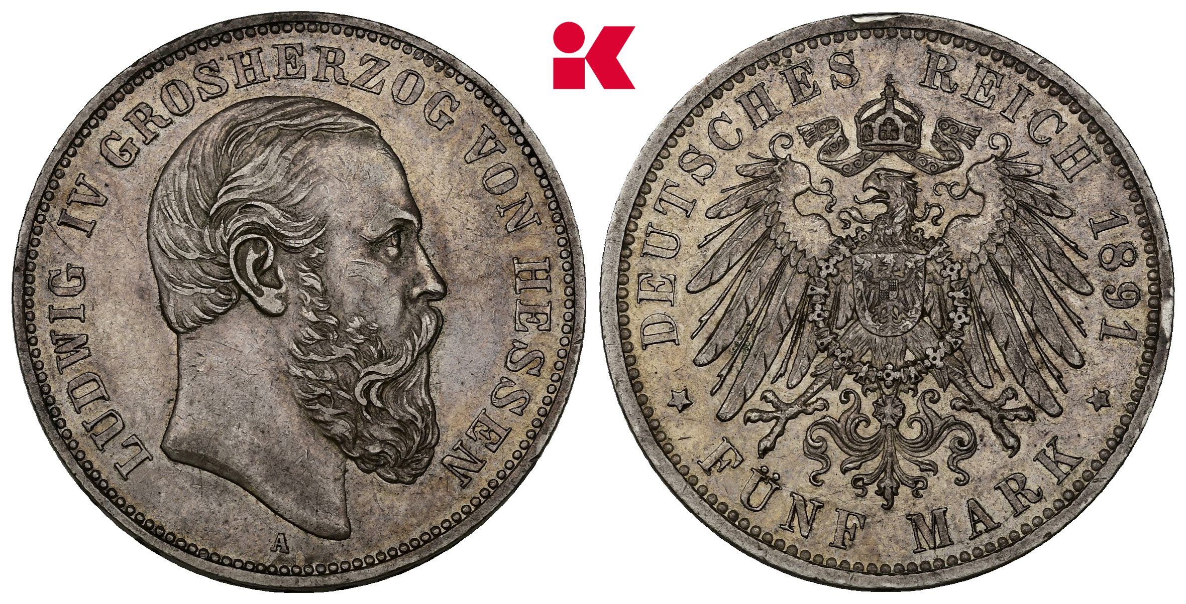REICHSSILBERMÜNZEN HESSEN Ludwig IV., 1877-1892. 5 Mark 1891.