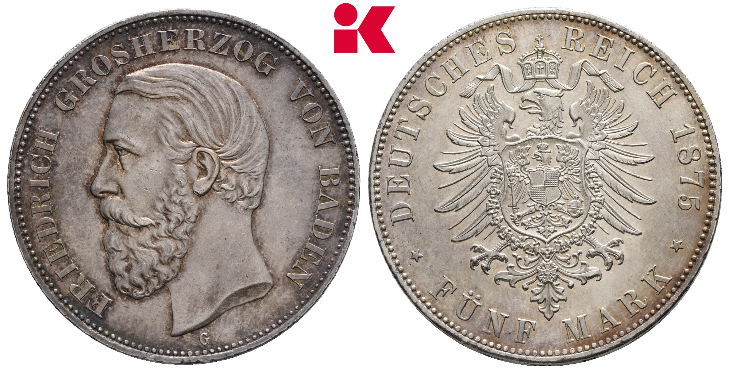 REICHSSILBERMÜNZEN BADEN Friedrich I., 1852-1907. 5 Mark 1875.