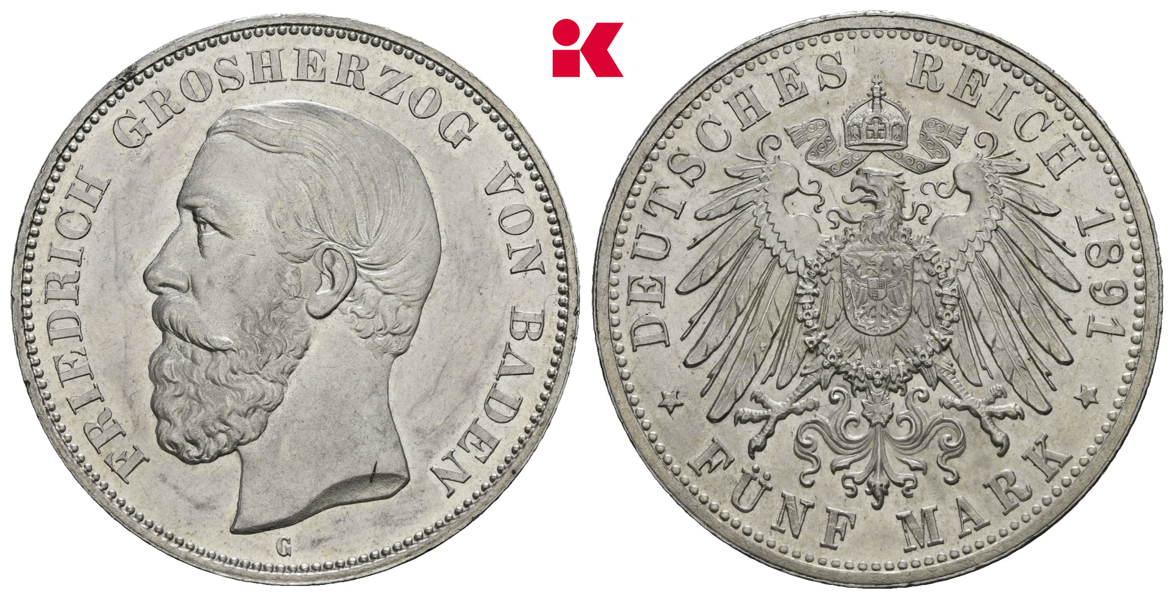 REICHSSILBERMÜNZEN BADEN Friedrich I., 1852-1907. 5 Mark 1891,