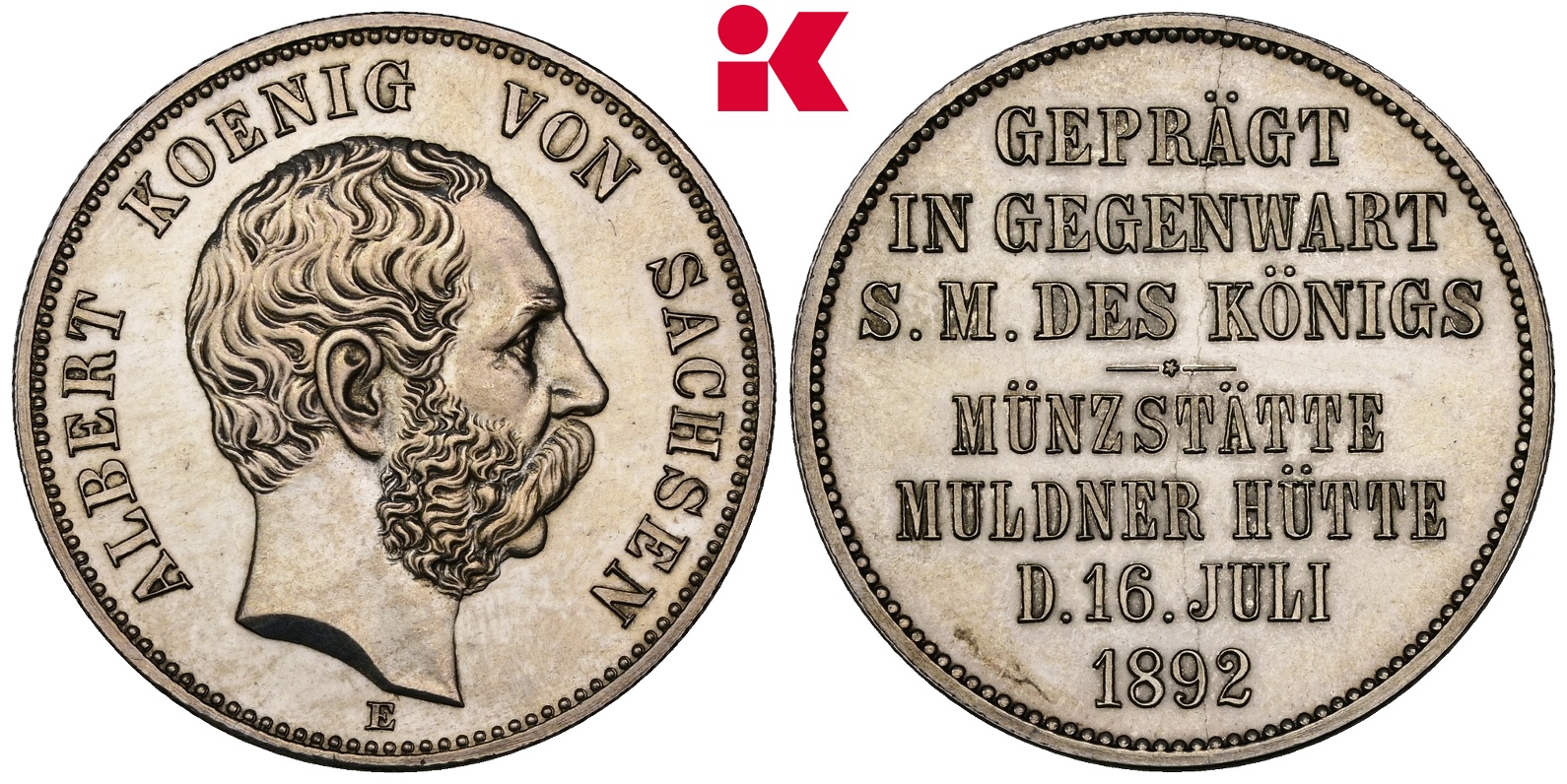 REICHSSILBERMÜNZEN SACHSEN Albert, 1873-1902. Silberne Gedenkmünze in 2 Mark-Größe 1892.