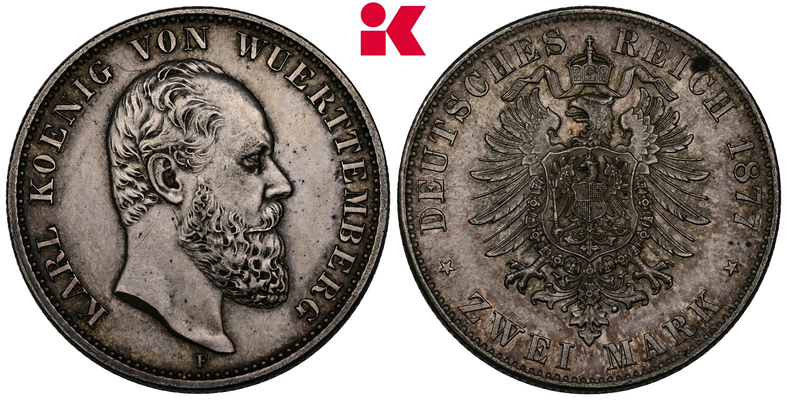 REICHSSILBERMÜNZEN WÜRTTEMBERG Karl, 1864-1891. 2 Mark 1877.