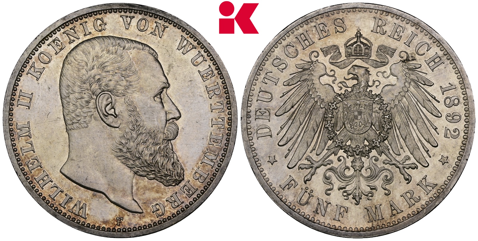 REICHSSILBERMÜNZEN WÜRTTEMBERG Wilhelm II., 1891-1918. 5 Mark 1892.