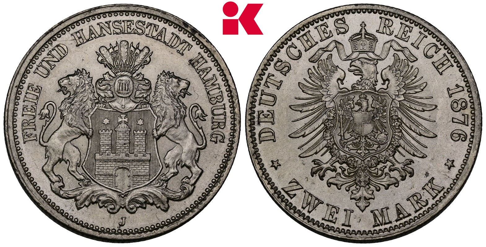 REICHSSILBERMÜNZEN HAMBURG Freie und Hansestadt. 2 Mark 1876.