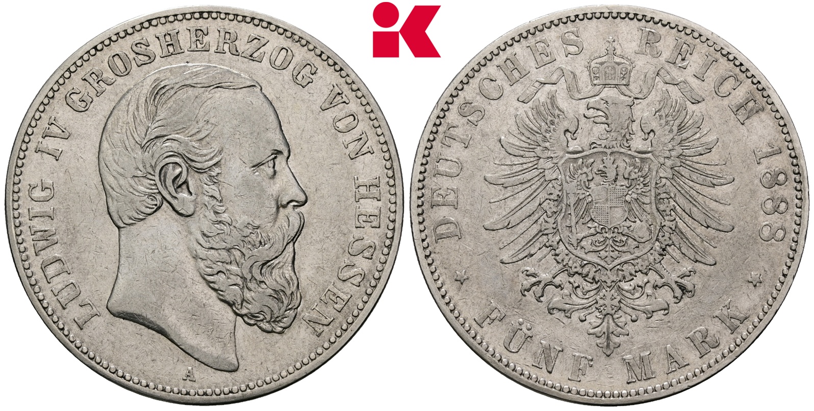 REICHSSILBERMÜNZEN HESSEN Ludwig IV., 1877-1892. 5 Mark 1888.