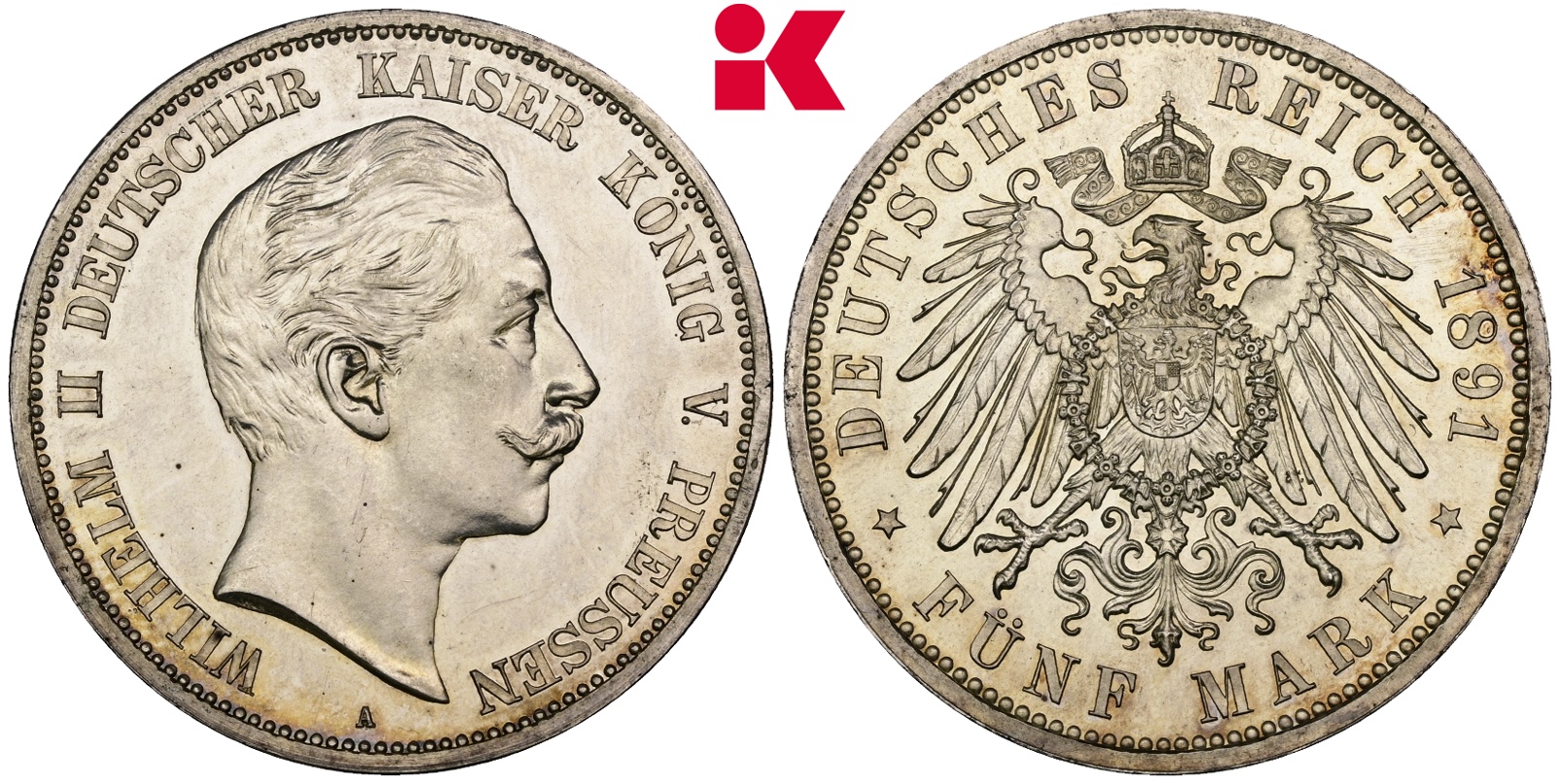 REICHSSILBERMÜNZEN PREUSSEN Wilhelm II., 1888-1918. 5 Mark 1891 A.