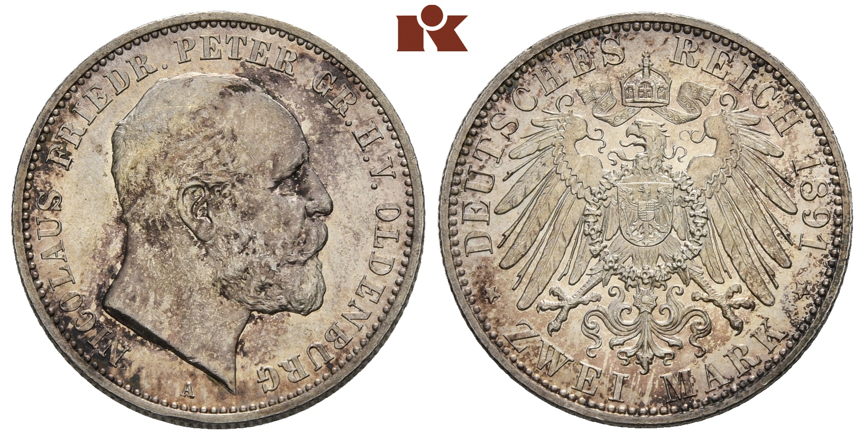 REICHSSILBERMÜNZEN OLDENBURG Nicolaus Friedrich Peter, 1853-1900. 2 Mark 1891.