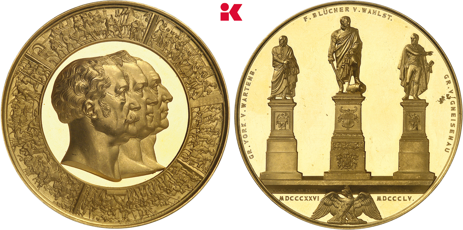 Friedrich Wilhem IV., 1840-1861. Goldmedaille zu 50 Dukaten 1855, von F. W. Kullrich, geprägt zu Ehren der Feldmarschälle H. D. L. York, Graf von Wartenberg, G. L. Blücher, Fürst von Wahlstatt und A. Graf Gneisenau.